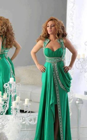 Newest Mint Green A-line Arabic Evening Dress Appliques Front Split