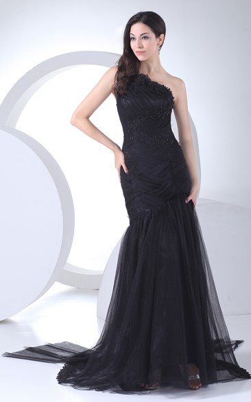 Asymmetrical Ruched Maxi Dress With Beading and Brush Train