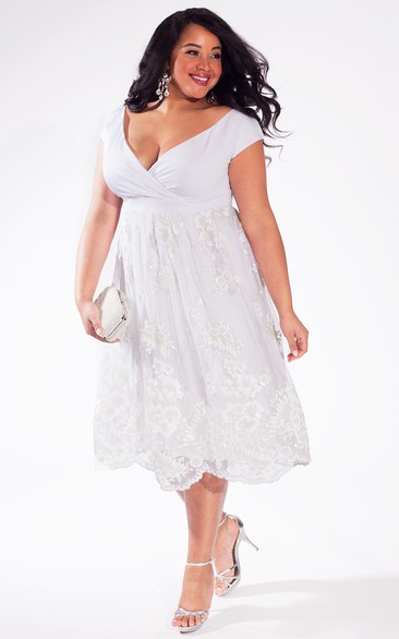 A-line Tea-length Lace Dress With Ruching And Low-V Back
