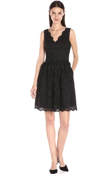 Sleeveless A-line Short Mini Lace Dress with Pleats and Pockets