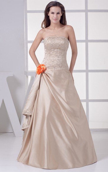 Sleeveless Side Draping A-Line Bodice Gown With Flower and Beading Embellishment