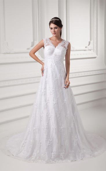 Romantic Sleeveless V Neck Satin Appliqued a Line Embellished Wedding Dresses