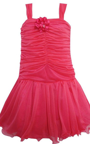 Sleeveless A-line Pleated Dress With Flower and Straps