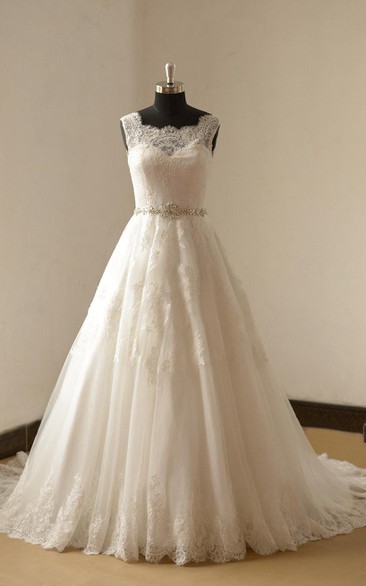 Lace A-Line Sleeveless Gown With Scalloped Bateau Neck and Beaded Waist