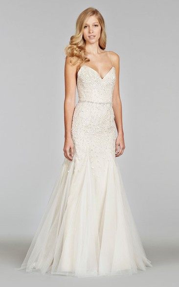 Shimmering Spaghetti Strap Tulle Gown With Sequin Embroidered Bodice