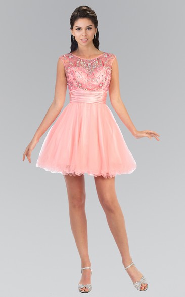 A-Line Short Scoop-Neck Sleeveless Tulle Keyhole Dress With Ruffles And Beading