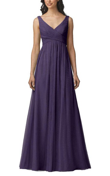 Strapped V-neck Empire Tulle Bridesmaid Dress