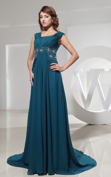 Chiffon Floor-Length Beaded Dress With Pleats and Ruching