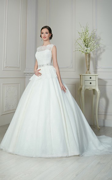 A-Line Floor-Length Bateau-Neck Sleeveless Illusion Tulle Dress With Sequins And Beading