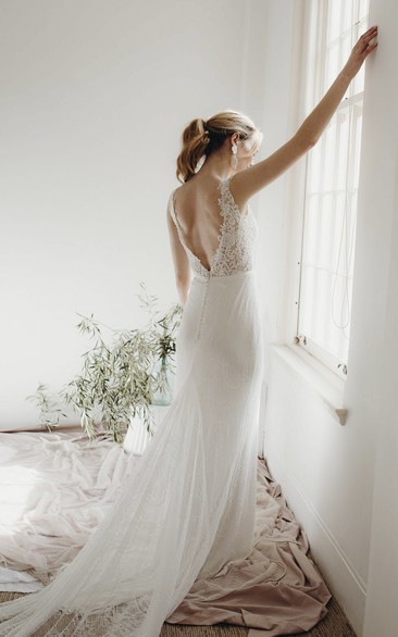 Sleeveless Elegant Sheath Plunging V-neck Lace Deep V-back Wedding Dress With Buttons
