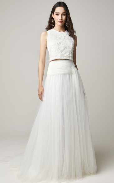 Two Piece Bohemian Bateau Tulle Wedding Gown with Sash