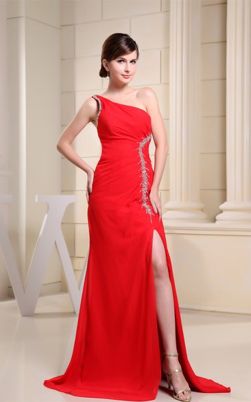 One-Shoulder Chiffon Long Ruched Appliques and Dress With Front Slit