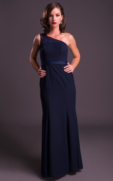 Floor-Length Sleeveless One-Shoulder Appliqued Chiffon Prom Dress