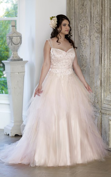Ball Gown Floor-Length Straps Sleeveless Tulle Chapel Train Lace-Up Back Ruffles Dress