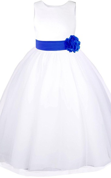 Sleeveless A-line Tulle Dress With Bow and Flower