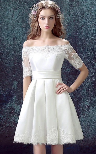 Half-sleeved A-line Short Satin Dress with Lace