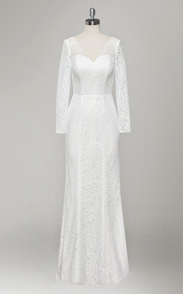 V-Neck Long Sleeve Sheath Lace Wedding Dress