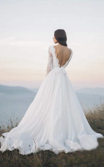 Long Sleeve Chiffon Illusion Wedding Dress With Deep V-back And Court Train