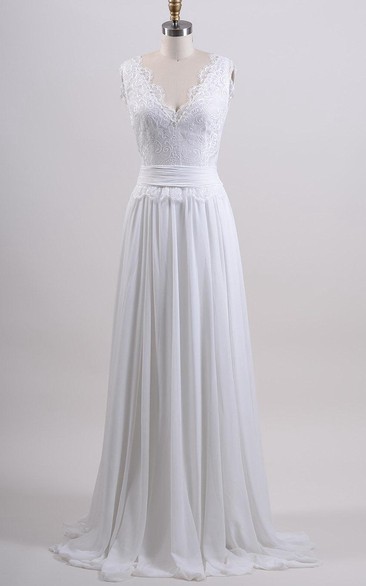 Chiffon and Lace Sleeveless V-Neck Dress With Pleated Skirt and Back Bow