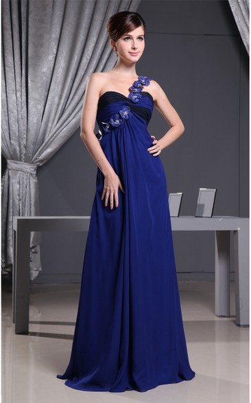 One-Shoulder Chiffon Maxi Ruched Dress With Flower