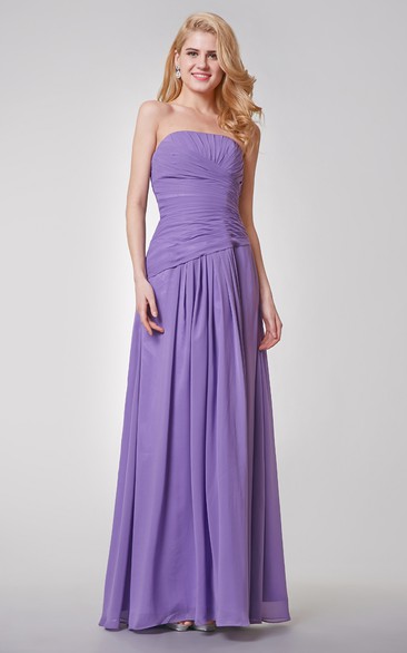 Strapless A-line Long Ruched Chiffon Dress With Pleats