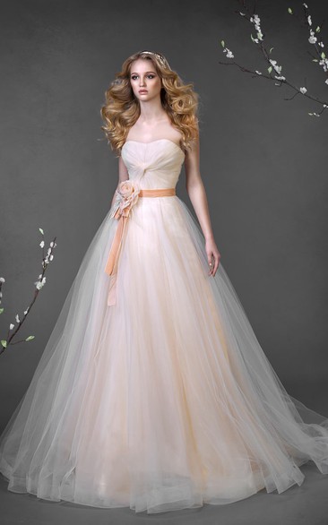 A-Line Floor-Length Sweetheart Sleeveless Corset-Back Tulle Dress With Flower And Ruching