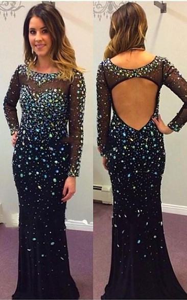 Sexy Black Long Sleeve Prom Dresses Crystals Long