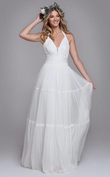 Casual A Line Halter Tulle Brush Train Wedding Dress with Ruching