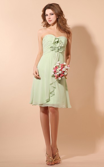 Ethereal Short Chiffon Dress With Ruching and Flower