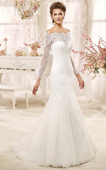 Off-shoulder Sheath Wedding Dress with Long Sleeves and Illusive Design