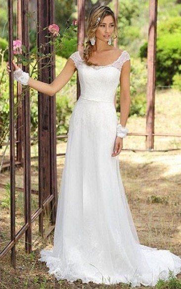 Sheath Cap-Sleeve Scoop-Neck Tulle Wedding Dress With Lace And Sweep Train