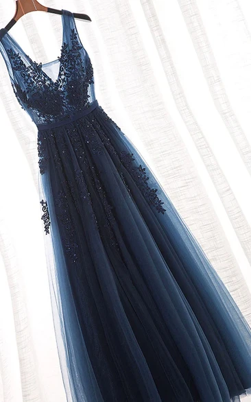 Tulle Dark Navy Empire Sleeveless Pleated A-line Floor-length Prom Bridesmaid Dress