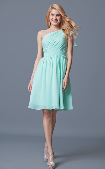 Sassy One Shoulder Pleated Short Chiffon Dress With Bow