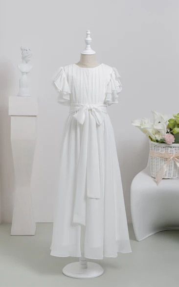 White First Communion Bowed Chiffon Flowergirl Dress with Ruffled Sleeve