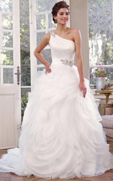 Maxi One-Shoulder Jeweled Organza Wedding Dress With Chapel Train And Corset Back