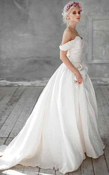 A-Line Taffeta Off-Shoulder Sweetheart Gown With Ruching and Beading