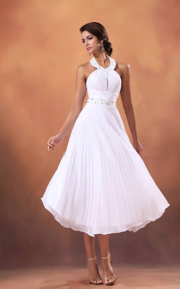 Chiffon Tea-Length A-Line Dress With Beading and Pleating