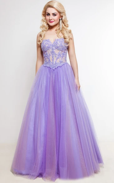 A-Line Floor-Length Sweep Sweetheart Sleeveless Tulle Lace Pleats Lace-Up Dress