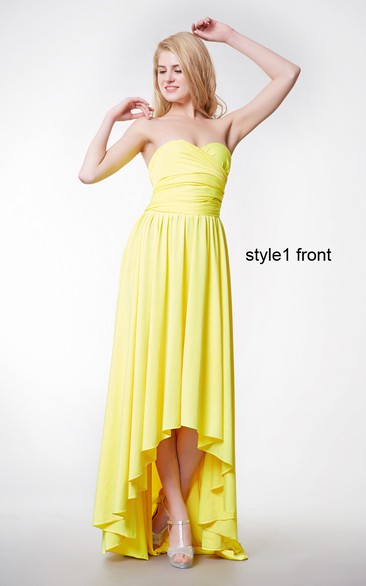Convertible Sweetheart Neck Ruched High Low Jersey Dress With Ruffles