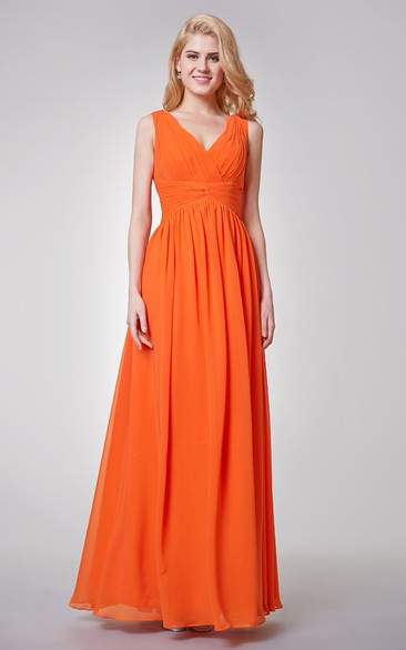 V-neck Pleated A-line Long Chiffon Dress With Ruched Waist