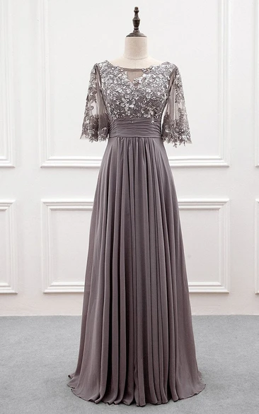 Ethereal Floor-length Half Sleeve Chiffon A Line Zipper Prom Dress with Sequins