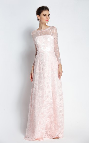 A-Line Floor-length Bateau Scalloped Lace Long Sleeve Prom Dress with Beading and Pockets