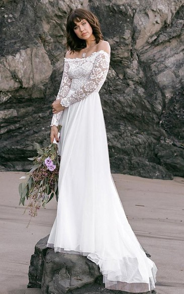 Simple Off-the-shoulder Lace Tulle A Line Long Sleeve Floor-length Sweep Train Wedding Dress
