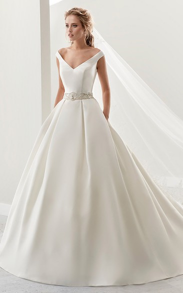 Simple V-Neck A-Line Satin Wedding Dress With Beaded Belt And Brush Train