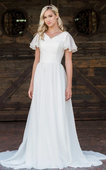Casual V-neck Chiffon A Line Floor-length Brush Train Short Sleeve Wedding Dress with Ruffles