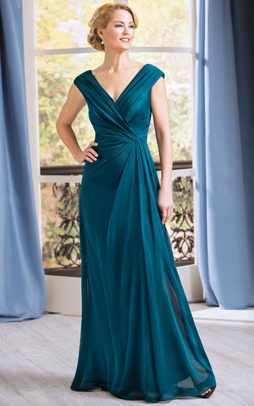 Cap-Sleeved V-Neck Long Gown With Pleats And V-Back