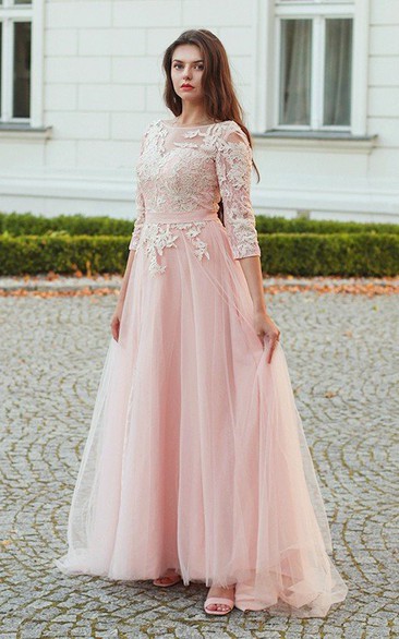Lace Tulle Floor-length Brush Train A Line 3/4 Length Sleeve Romantic Prom Dress