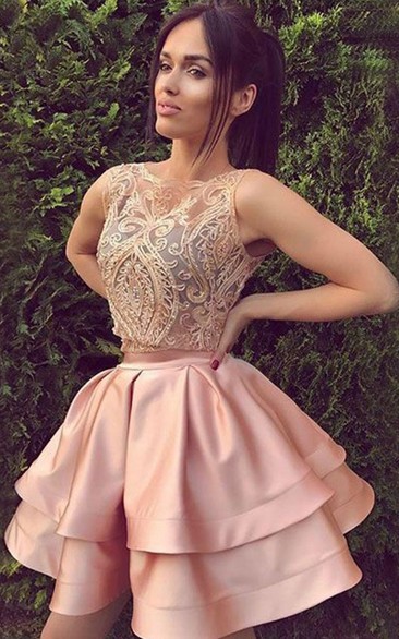 A-line Ball Gown Sleeveless Satin Lace Bateau Short Mini Homecoming Dress