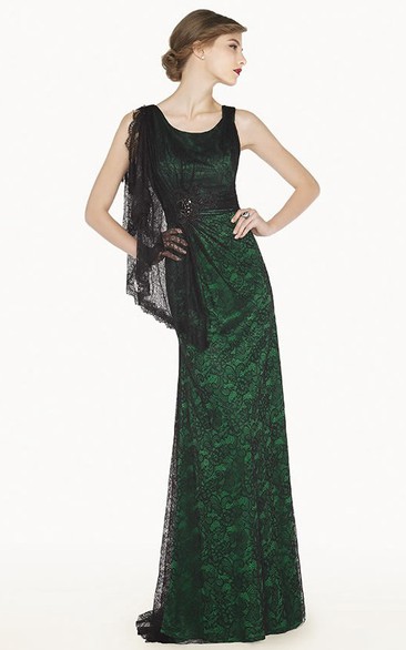 Scoop Neck Sheath Long Allover Lace Prom Dress With Shoulder Side Drape