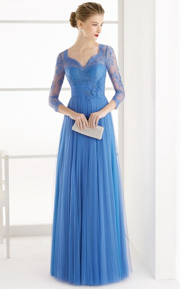 A-Line 3-4-Sleeve Lace V-Neck Floor-Length Tulle Prom Dress With Flower And Pleats
